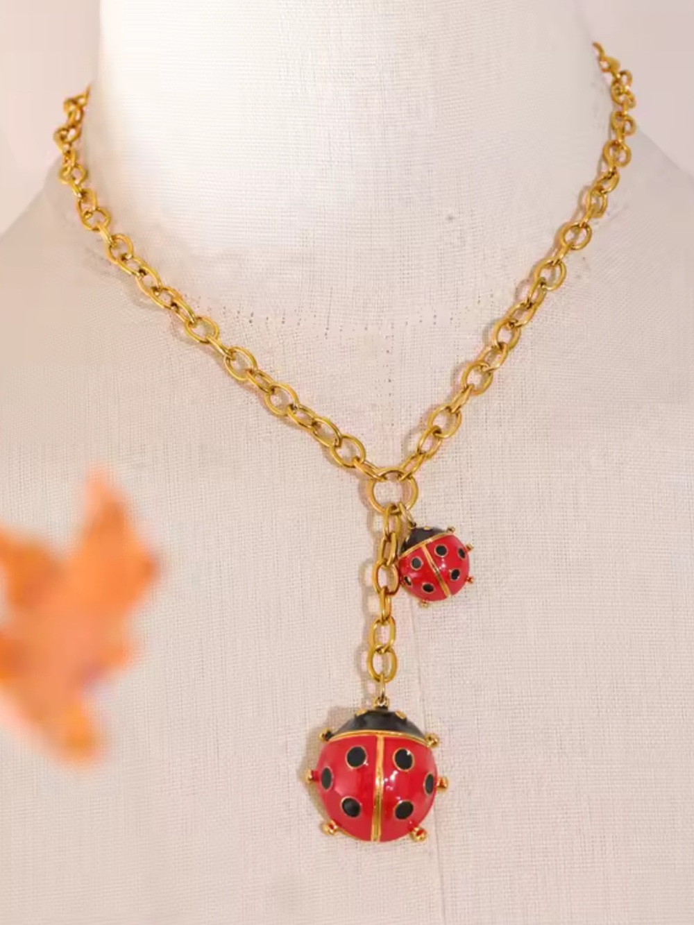 Red Ladybug Charms Luck Gold Necklace